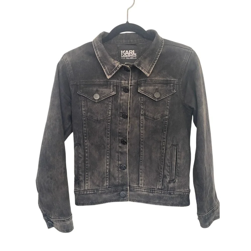 Karl Lagerfeld for Falabella Black Acid‎ Wash Embellished Denim Jacket Sequin